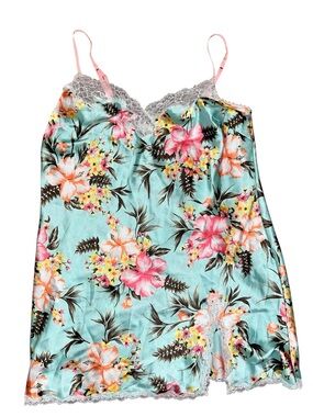 Vintage Y2K early 2000s Victoria’s Secret Floral Satin Slip Dress with Lace Trim